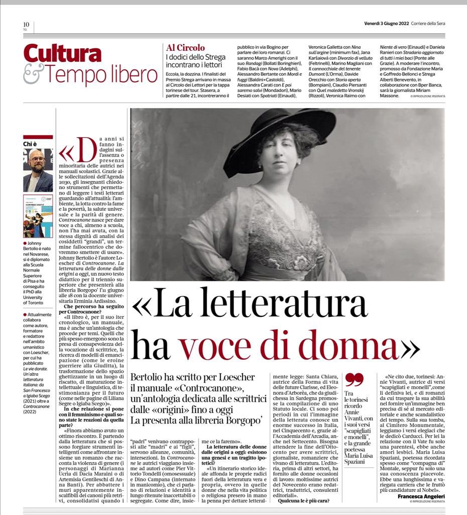 JohnnyLBertolio's tweet photo. Oggi, 3 giugno 2022, il #Controcanone #Loescher dilaga sul @CorriereTorino. Grazie a @frangeleri @chedisagio @CorriereCultura @Corriere #letteratura #editoria #libri https://t.co/i57l9rgTkb