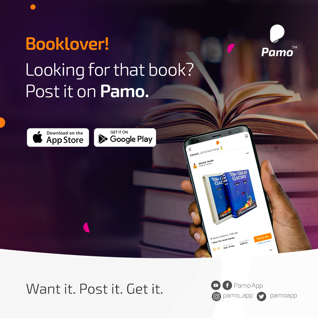 As a book lover, there's no better place to get your books than Pamo. Just post a picture of that book you want on the app. 
We will deliver!​

#ShoppingMadeEasy #ShopLikeRoyalty #PamperedByPamo
