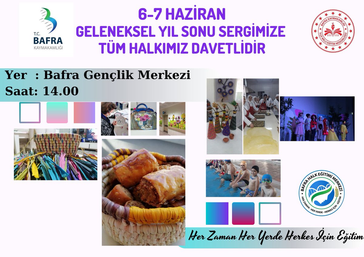 BafraHEM's tweet photo. Geleneksel Yıl Sonu Sergimiz
6 Haziran saat:14.00'da Bafra Gençlik Merkezi 'nde yapılacaktır.Sergimiz 7 Haziran 'da devam edecektir.
Tüm halkımız davetlidir.
@mebhbogm @sdulger43 @samsunmem @CevdetErturkmen @mehmetalikatip1 @HaciAvci61 https://t.co/jXKLjRqmws