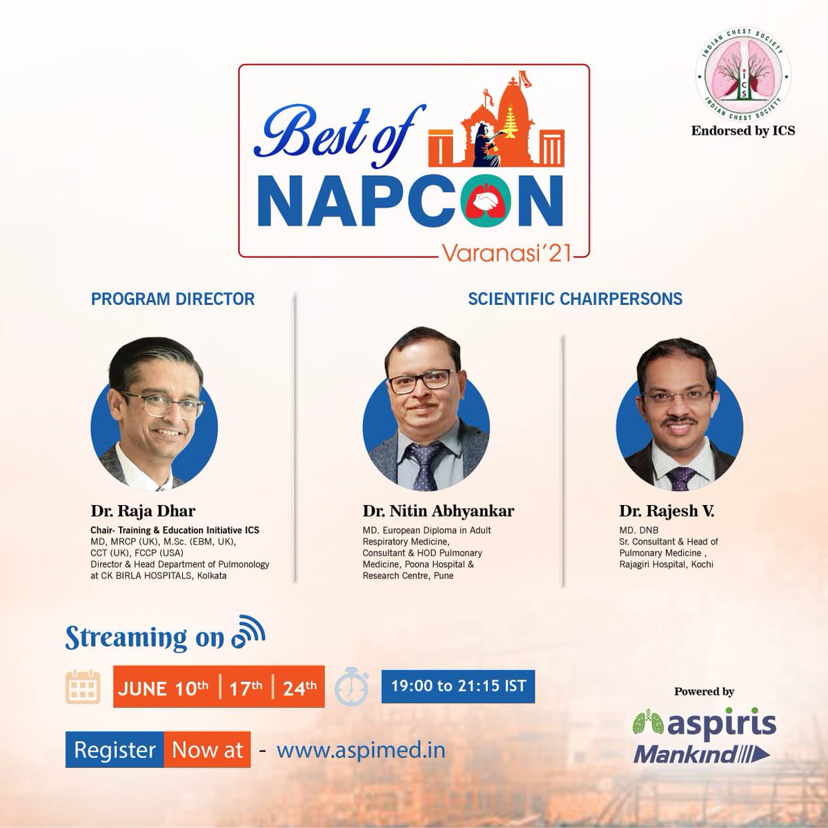 MankindSpltys's tweet photo. As we gear up for the BEST OF NAPCON 2021, we are happy to introduce you to the Program Director- Dr. Raja Dhar and our eminent scientific Chairpersons- Dr. Nitin Abhyankar and Dr. Rajesh V.
Registration link is now open !!
#ICS #ItsOneLife #Repiratory #Lungs https://t.co/FBnNMJyGu2