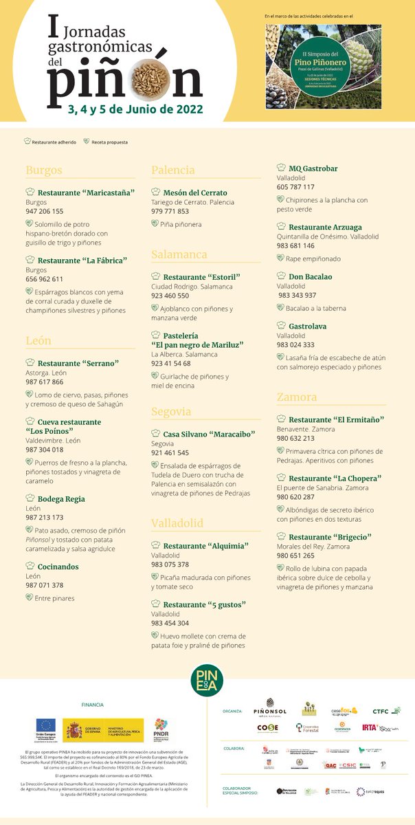 go_pinea's tweet photo. Y después del #SimposioPiñonero2022 hoy siguen las Jornadas gastronómicas del #piñón. 

@Selvicultores @fafcyle @FCesefor @ctforestal
 @ECOESPACIO_  @pinonsol @irtacat @coopforestal

Consulta los restaurantes que participan en la jornada 👇🏼 https://t.co/ydkEEXlmQF