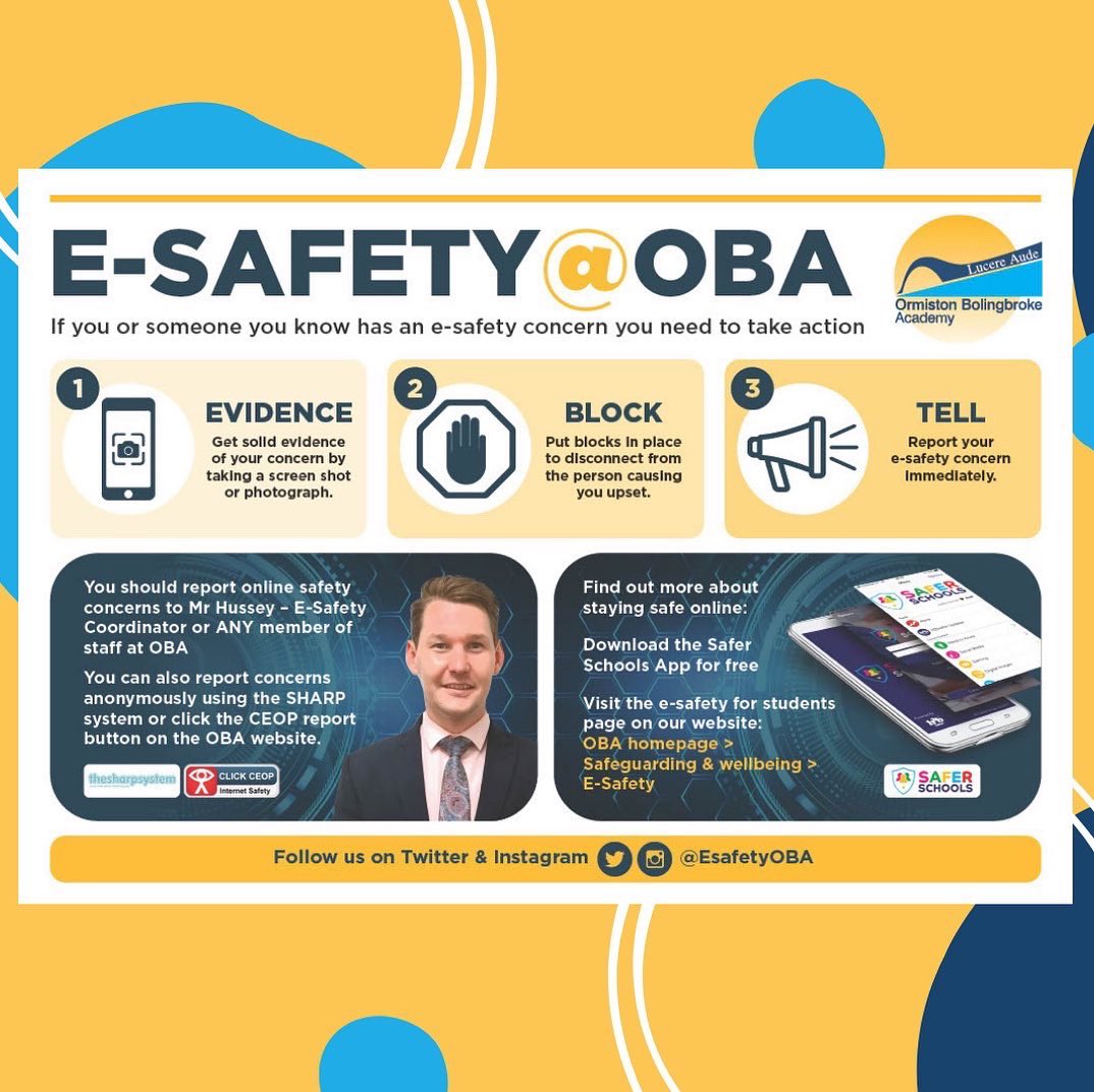OBAcademy's tweet photo. ⭐️S T A Y  S A F E⭐️

Online safety is always important so follow @esafetyoba for current info. Remember to collect evidence, block &amp; tell. MORE INFO -->

❗️Child Exploitation CEOP
❗️SHARP System
❕SaferSchools
 #Safeguarding #runcorn #halton #SaferSchools https://t.co/trySlMMqsb