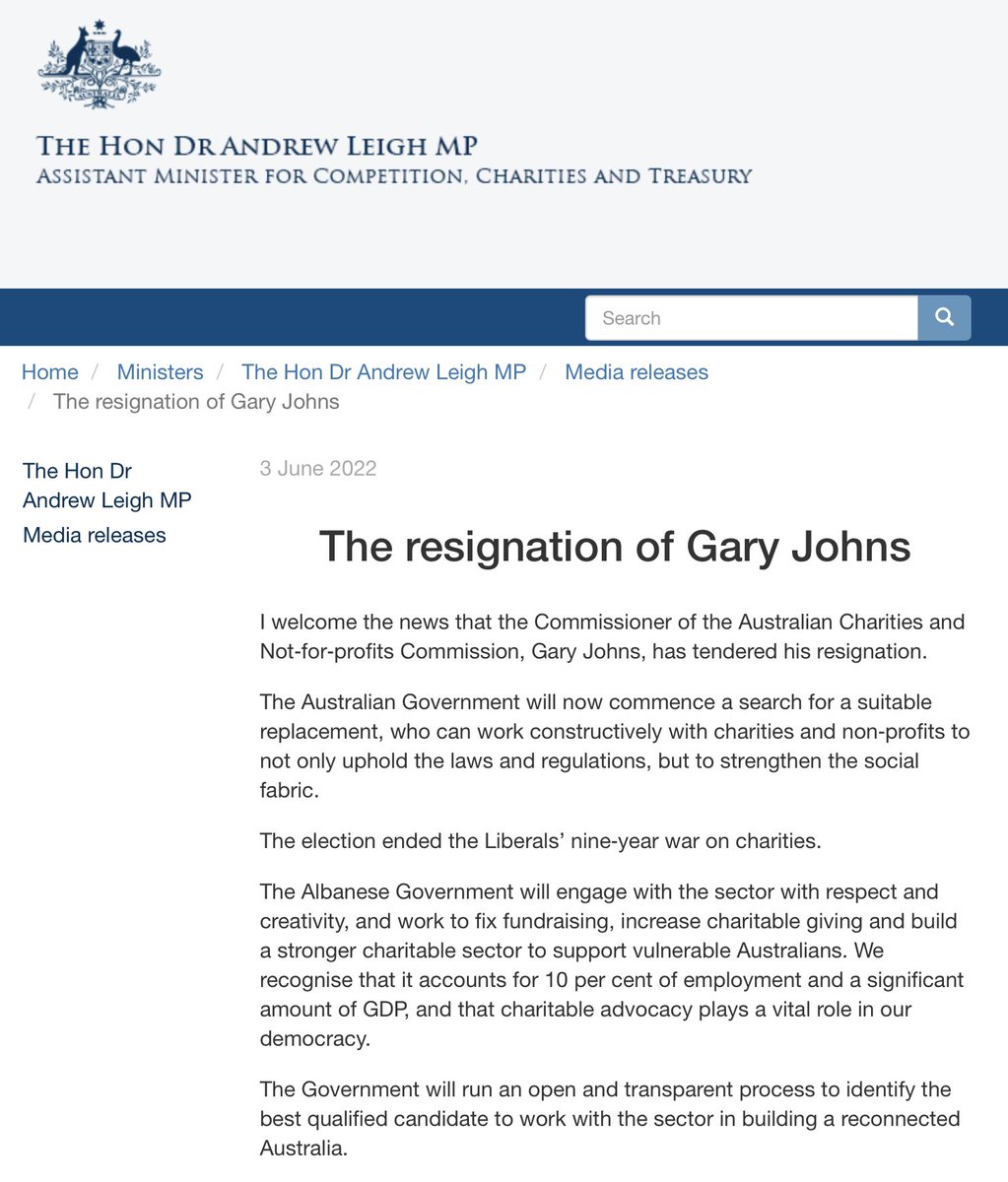 ALeighMP's tweet photo. My statement on the resignation of Gary Johns as head of the charities commission https://t.co/ulCDlYTO9G #auspol https://t.co/1njXWjvmYH