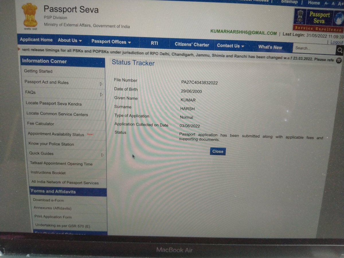kumar_harsh1's tweet photo. @BEHALTAVISHI Thanks for the kind reply Mam but the status follows, "Passport Application submitted along with applicable fees and supporting documents". Also the "application collected" date has been changed to 03.06.2022. Attaching a snap for cross verification.

Thanks @BEHALTAVISHI https://t.co/lbq9pc2xJP