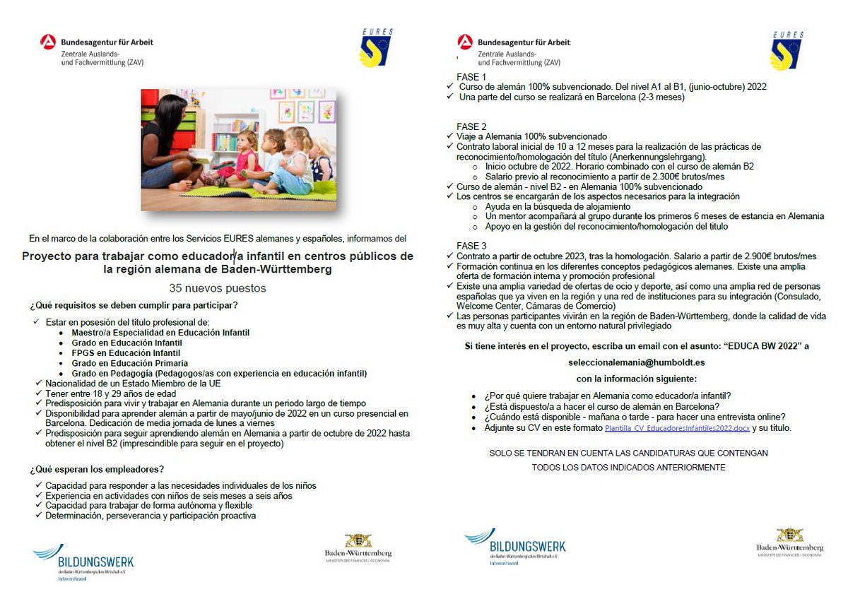 En el marco de la colaboración entre EURES España y EURES Alemania se han convocado 35 puestos para trabajar como #educador/a infantil en centros públicos de la región alemana de Baden-Wurtemberg. 
ℹ Infórmate en este folleto: humboldt.es/desarrollo/wp-…