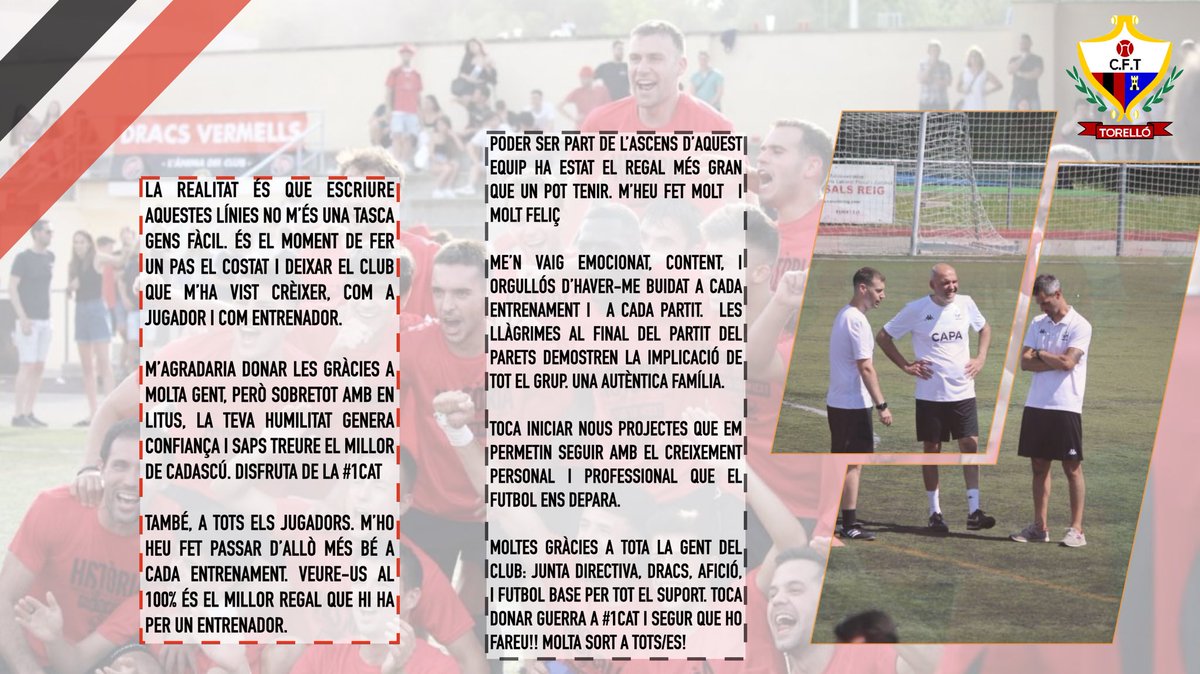 Moltes gràcies <a href="/cftorello/">CF.TORELLO</a> per deixar-me formar part d’aquest projecte! Eternament agraït a tothom, en especial a  <a href="/litus83/">Carles Arjona</a> @xevimu per la confiança! Veure el Torelló a Primera Catalana és un somni fet realitat 🔴⚫️🎉
