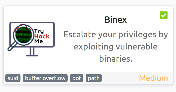 wearyandroid's tweet photo. Binex - I have just completed this room! Check it out: https://t.co/PwKgdLjQLO #tryhackme #suid #buffer overflow #bof #path #linux #find #hydra #smb #weekly challenge #binex via @tryhackme #100DaysOfHacking https://t.co/CtJ2Am71Ol