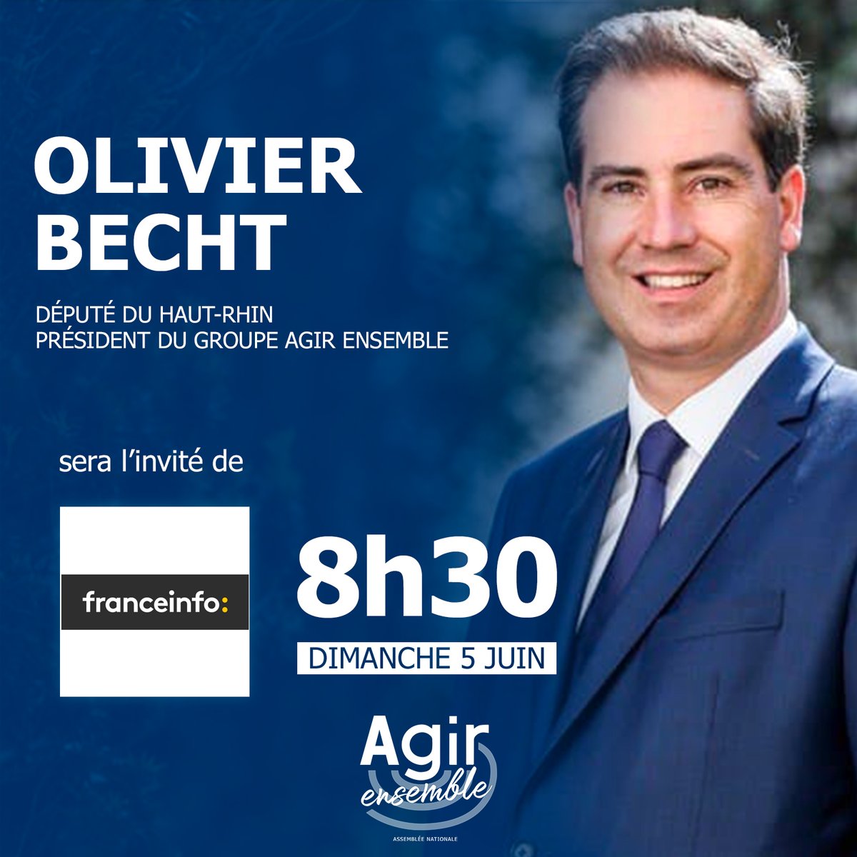 Agir Ensemble (@agirensemble_an) on Twitter photo 📺 <a href="/becht_olivier/">Olivier Becht</a>, Président du groupe <a href="/AgirEnsemble_AN/">Agir Ensemble</a> sera l'invité de <a href="/franceinfo/">franceinfo</a>.
À suivre en direct, dimanche 5 juin dès 8h30. 📺 <a href="/becht_olivier/">Olivier Becht</a>, Président du groupe <a href="/AgirEnsemble_AN/">Agir Ensemble</a> sera l'invité de <a href="/franceinfo/">franceinfo</a>.
À suivre en direct, dimanche 5 juin dès 8h30.
