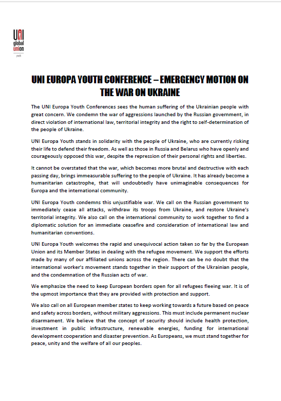 uni_youth's tweet image. The @UNI_Europa Youth Conference adopts unanimously an emergency motion on the war on Ukraine and calls out on European member states to keep working for a future based on peace and safety across borders and protection to all refugees fleeing war #backtoourfuture @uniglobalunion