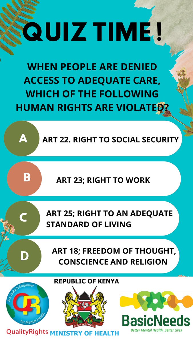 qualityrightske's tweet photo. We look at access to adequate care on today's #5weekschallenge #mentalhealth quiz. Participants who answer the questions correctly will be awarded courtesy of @MOHmentalhealth @BasicNeedsKenya. to participate, reply with the correct answer to the question below using the hashtag. https://t.co/6CsmHKmIQb