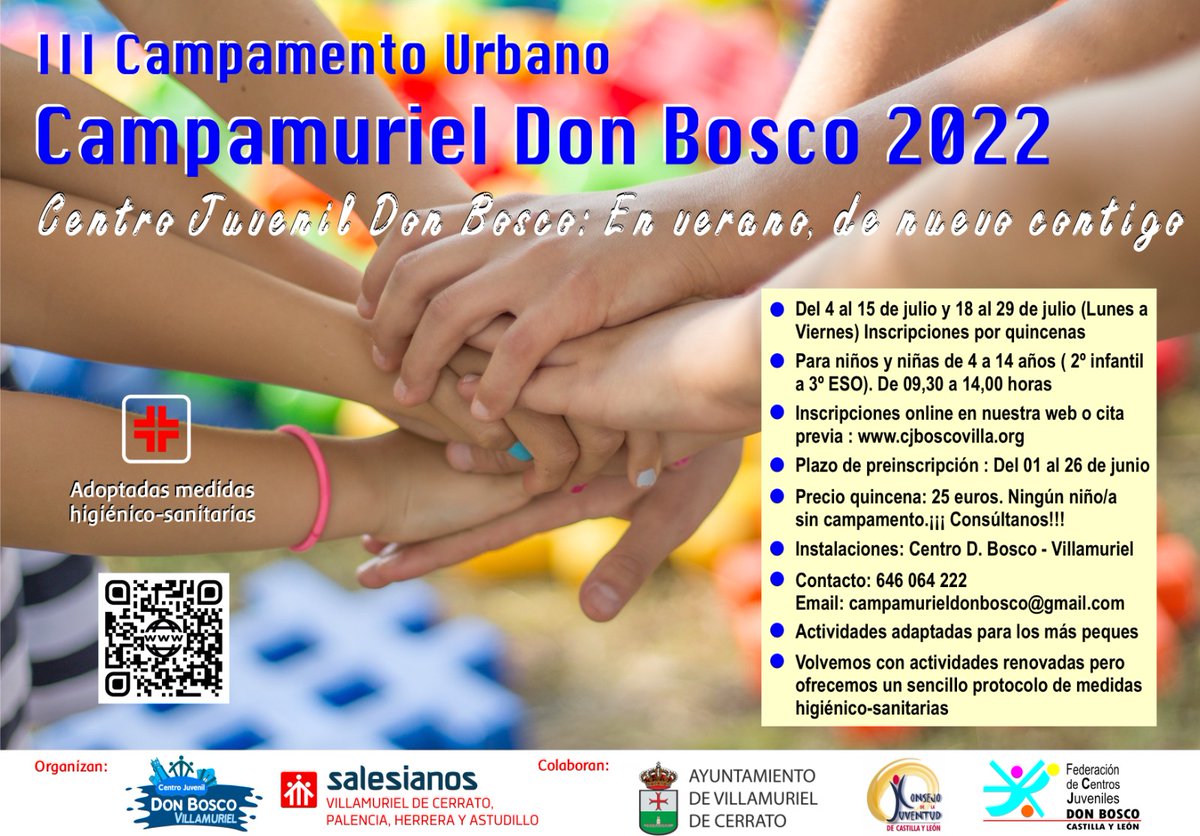 🔵 <a href="/CJDonBoscoVilla/">C.J. Don Bosco Villa</a>  🔵

⛺️🏢 III Campamento Urbano - Campamuriel Don Bosco 2022

📆 Inscripciones por quincenas: del 4 al 15 de julio y del 18 al 29 de julio
⏰ De lunes a viernes de 09,30 a 14,00 h 
Precio de 25 € por quincena. "Ningún niño/a sin campamento" Consúltanos