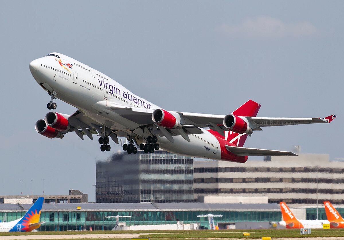 747GVROS's tweet photo. 🥂Happy 21st Pretty Woman!🥂 Yes, it's 21 years since G-VROY first took to the skies before being delivered to #virginatlantic the following month. Perfectly captured here departing MAN by @ScottyRathbone she now flies as N482MC for #AtlasAirWW ✈️😍 #b747 #qots https://t.co/0pLJxxFr6N