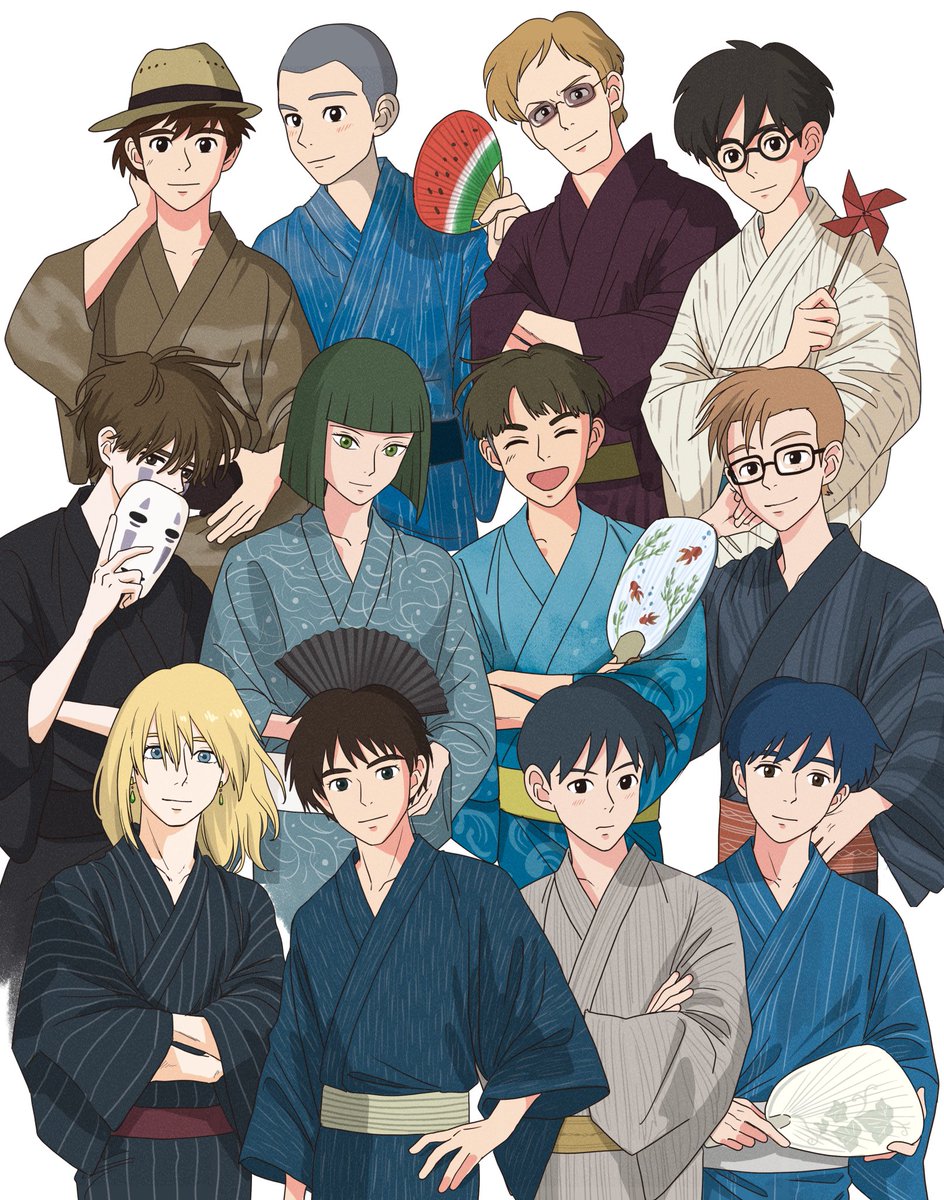 6+boys multiple boys striped kimono hand fan brown hair japanese clothes blue kimono  illustration images