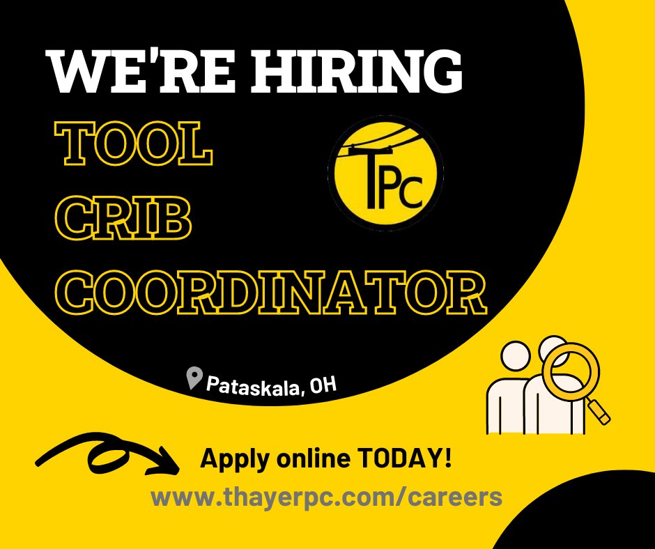thayerpc's tweet photo. TPC is looking for a Tool Crib Coordinator to join our Pataskala, OH team! Do you have experience and want to work for a company with great benefits? Follow the link below to apply online TODAY! #hiring #warehouse #OH
https://t.co/jk1WYPAw9F https://t.co/tjTrc7npX2