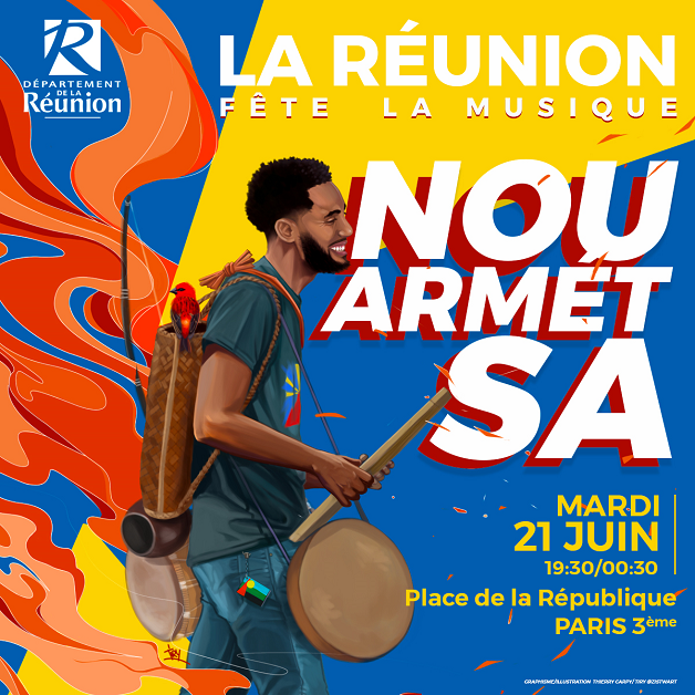 DEP974PARIS's tweet photo. La Réunion fête la Musique. Nou armét sa, le 21 juin à la Place de la République, artistes 100% péi, nou aten à zot
Restez connectés pour connaitre la programmation : https://t.co/aXw2fFxSiV
#team974 #lareunion #sega #maloya #Dancehall #fdlm22 #fdlm @MinistereCC @lesoutremer https://t.co/KpO4R4vTeL