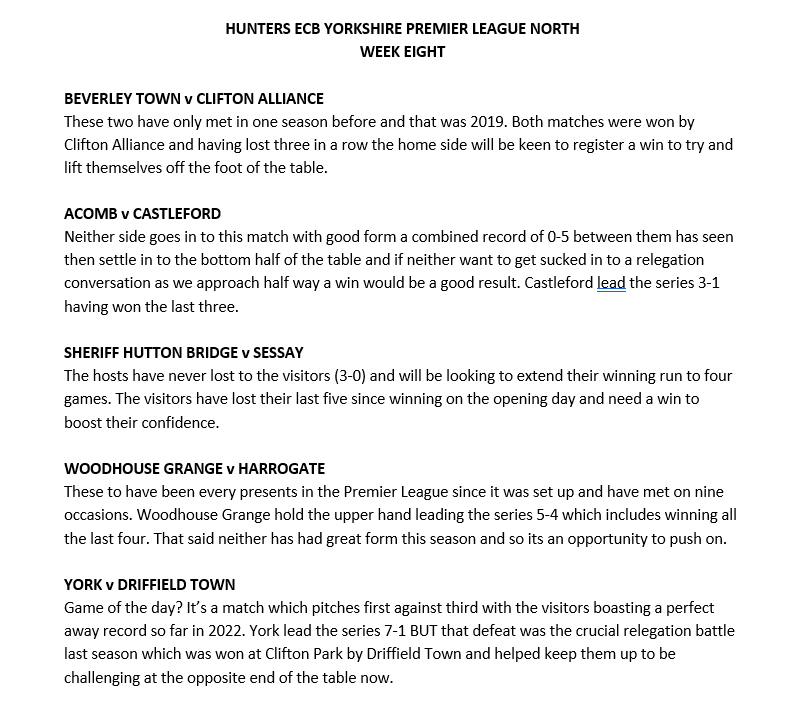CbadgerYc's tweet photo. @HuntersYLN Week Eight Preview 📚📝

Hard to look for a more crucial game than at Clifton Park between 1st and 3rd @York_C_C vs @DriffieldTownCC, but there is plenty to play for elsewhere . We take a sneak preview below to see what's on offer 👓

Enjoy your cricket this weekend https://t.co/0H2F3tixqr