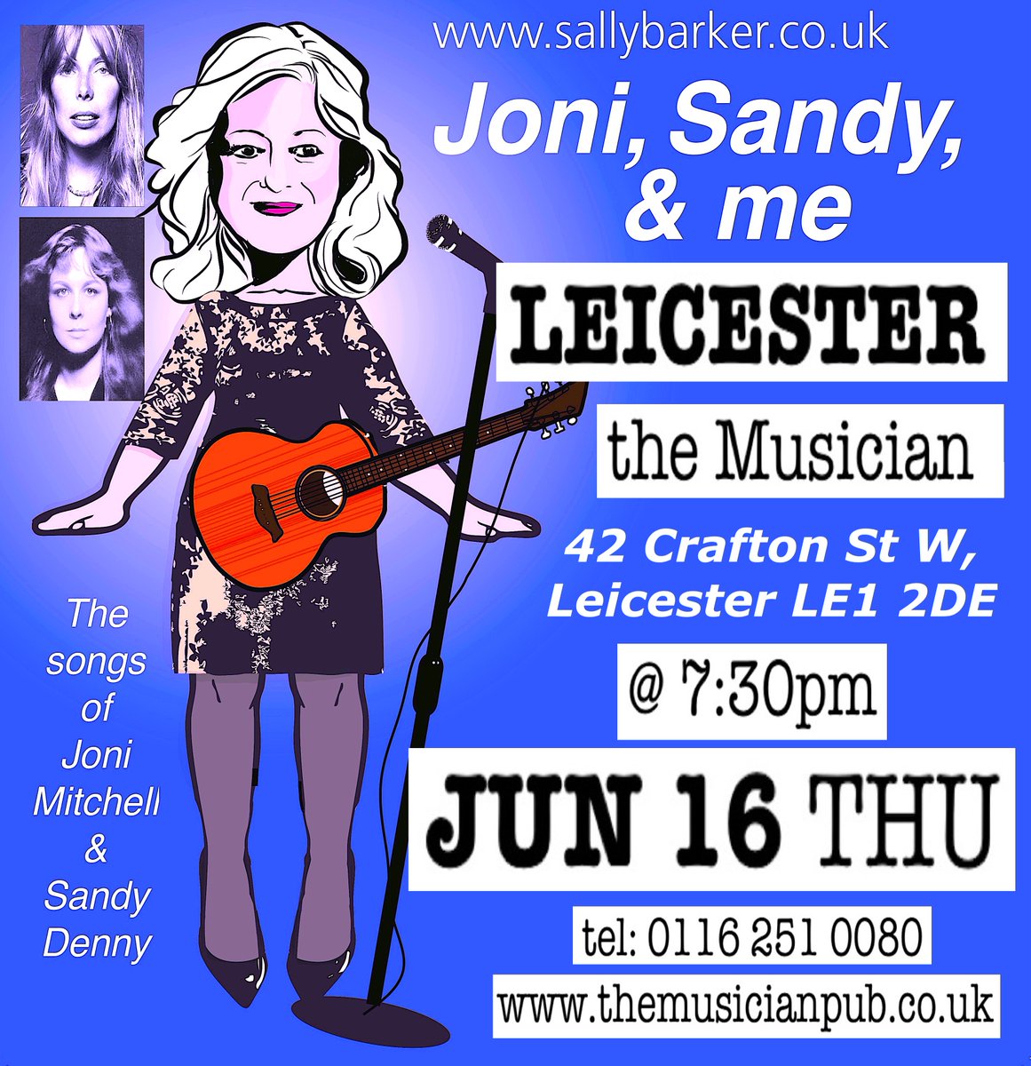 Thurs 16 June 'Joni Sandy &amp; me' / @themusician #leicester 7:30pm tix themusicianpub.co.uk  tel: 0116 251 0080 #jonimitchell #sandydenny #sallybarker #singersongwriters #classics #music #musician #solo #show #stories #acoustic #musicvenue #friends #love
