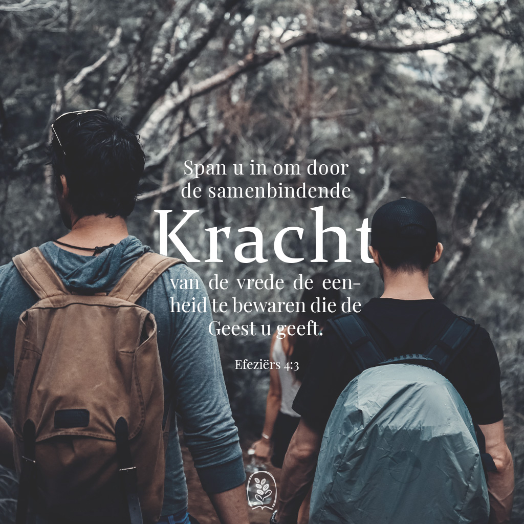 Span u in om door de samenbindende kracht van de vrede de eenheid te bewaren die de Geest u geeft. Efeziërs 4:3 (NBV)