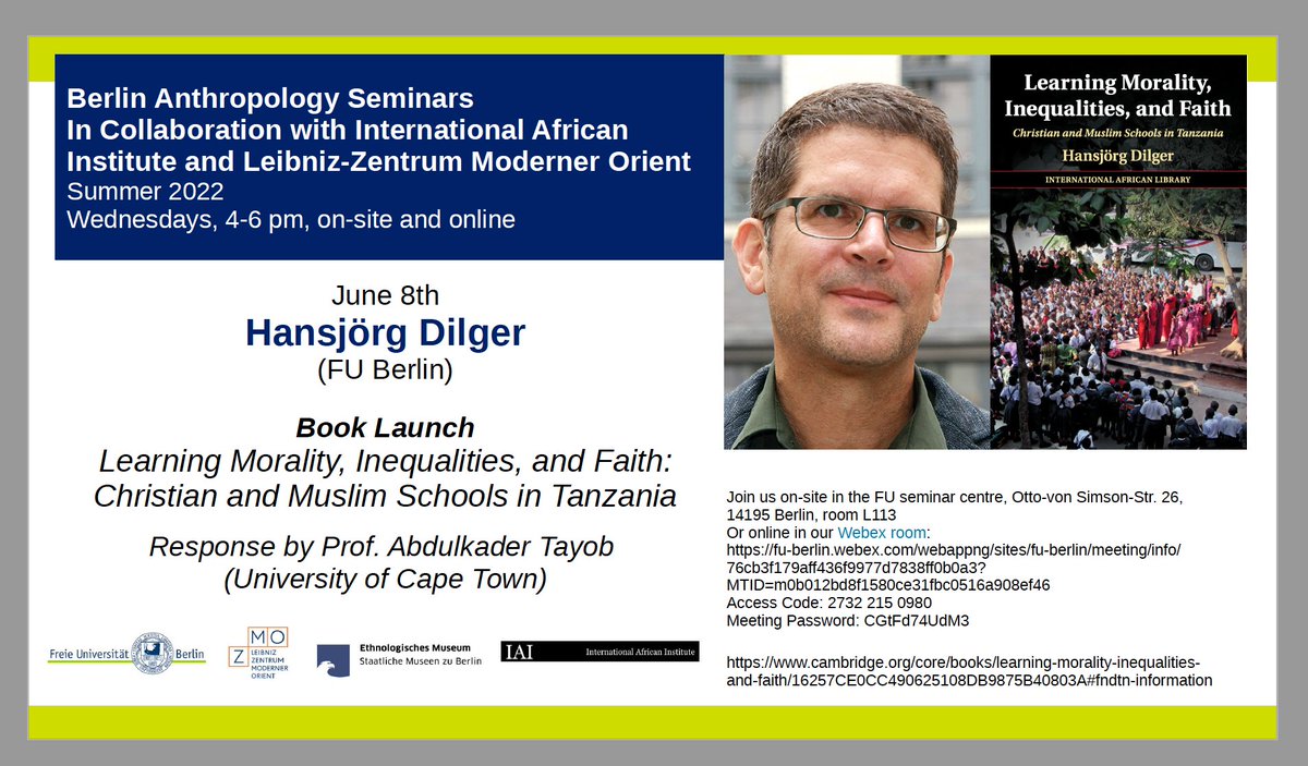 Hansjörg Dilger (@hdilger.bsky.social) (@h_dilger) on Twitter photo Please join me for the launch of my book "Learning Morality, Inequalities, and Faith" on June 8 @ 4pm (hybrid): polsoz.fu-berlin.de/ethnologie/ter…
With a response by Prof. Abdulkader Tayob <a href="/UCT_news/">UCT</a> - organized by Berlin Anthropology Seminars in Collaboration with <a href="/AfricaIai/">@Africa_IAI</a> and <a href="/ZMO_Berlin/">Leibniz-Zentrum Moderner Orient</a> Please join me for the launch of my book "Learning Morality, Inequalities, and Faith" on June 8 @ 4pm (hybrid): polsoz.fu-berlin.de/ethnologie/ter…
With a response by Prof. Abdulkader Tayob <a href="/UCT_news/">UCT</a> - organized by Berlin Anthropology Seminars in Collaboration with <a href="/AfricaIai/">@Africa_IAI</a> and <a href="/ZMO_Berlin/">Leibniz-Zentrum Moderner Orient</a>