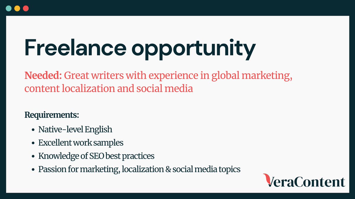 We’re looking for a freelance contributor to write articles for The Content Mix blog: veracontent.com/mix

Apply here and select “Freelance contributor”: veracontent.com/job-applicatio…

#freelancewriter #werehiring