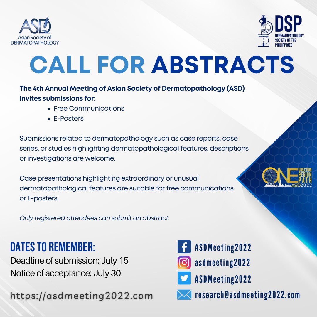 ASDMeeting2022's tweet photo. Trainees or consultants are invited to submit unpublished research works involving dermatopathology. 
Award winners for the oral presentation will get US$200 each, while award winners for the e-poster presentation will get US$100.
📧 research@asdmeeting2022.com https://t.co/7LdfoibYZk