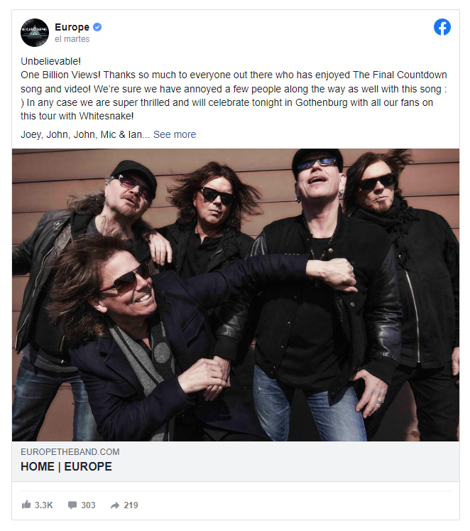¡MIL MILLONES DE VISITAS! El inagotable y universal "The Final Countdown" de <a href="/europetheband/">europetheband</a>  sobrepasa ya esa impresionante cifra que pone de relieve la vigencia y relevancia no solo de nuestros queridos suecos, ¡sino de todo un género! 🤘🌟🎉

#rockimperiumfestival #rock