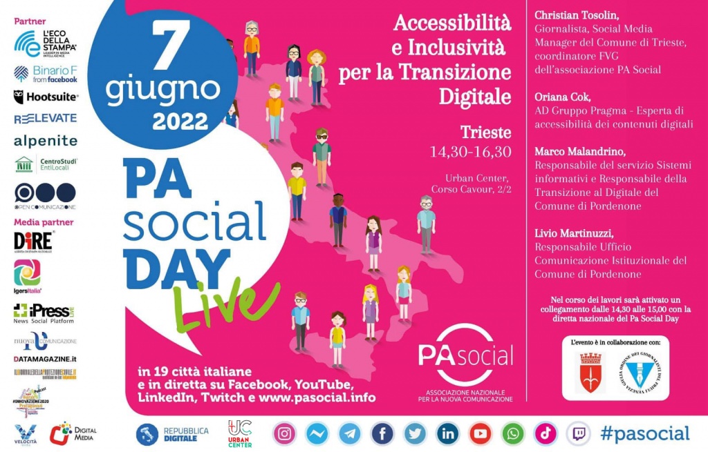ComunediTrieste's tweet photo. Martedì 7 giugno dalle 14.30 alle 16.30, in occasione dell'evento nazionale #PASocial Day, all'Urban Center di #Trieste si parlerà di Transizione Digitale accessibile e inclusiva
#pasocial #innovazione #digitale

INFO https://t.co/hjquzt8tAT https://t.co/tGm3YatCG9