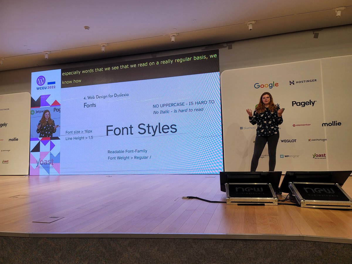 aaroncampbell's tweet photo. Learning about how much fonts matter for dyslexia, from @MajaBenke at #WCEU. Font size, family, weight, and line height all matter. All uppercase or italics change the shape of words and make it harder. And there are even specific Dyslexic-friendly fonts!
#WCEU2022 #BluehostWCEU https://t.co/GUEpPk2fw0