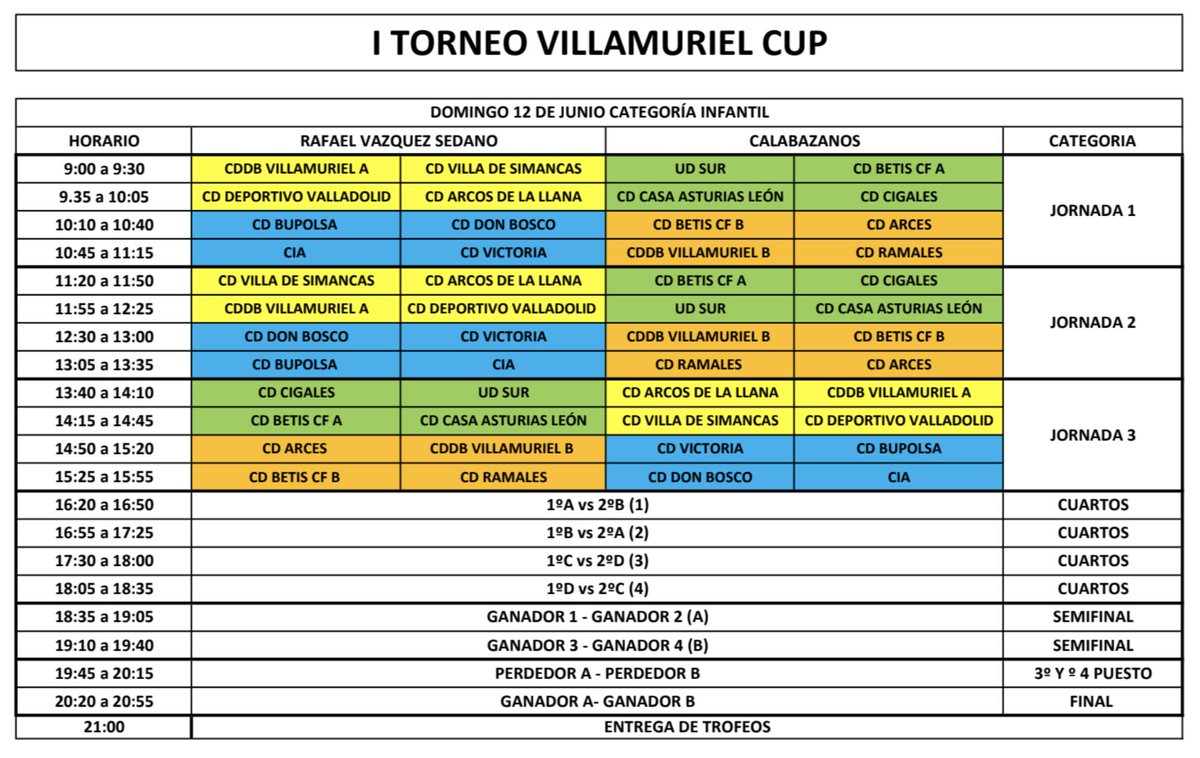 Este domingo, comienza el I Torneo Villamuriel Cup organizado por el <a href="/futbolbasevilla/">CDDBase Villamuriel</a> ⚽️ en Categoría Infantil. 

👉🏻 Fase Previa 

▶️ [10:45h] <a href="/CIAMISTAD/">Club Internacional la Amistad- Delta Cinco</a> 🆚 Infantil PJ "A"
▶️ [12:30h] <a href="/BoscoValladolid/">CDDonBoscoValladolid</a> 🆚 Infantil PJ "A"
▶️ [14:50h] Infantil PJ "A" 🆚 @cdbupolsa