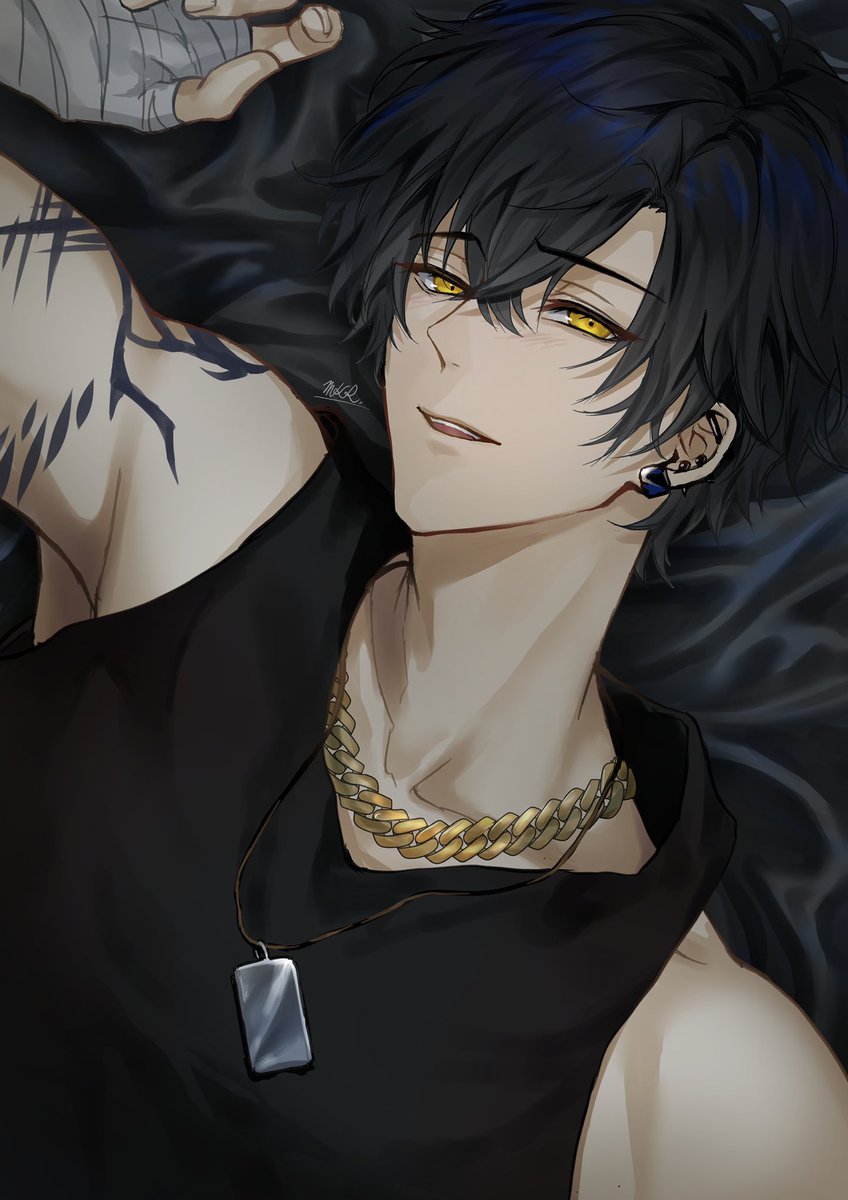 1boy male focus yellow eyes jewelry solo necklace black hair  illustration images