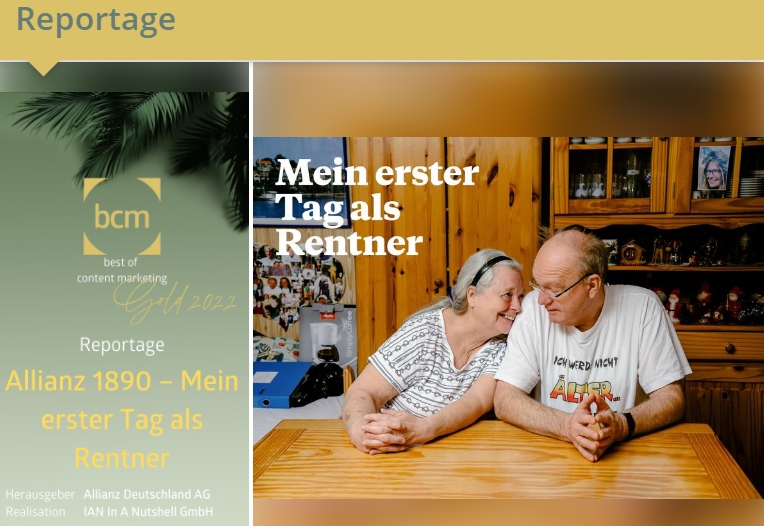 Wir haben Gold!🏅 Der renommierte #bcm-Award für die beste “Reportage” geht an #Allianz 1890 digital und @inanutshellgmbh. Der letzte Arbeitstag und der erste Tag als Rentner, Freiheit oder Leere? - hautnah und live eingefangen. Hier zum Nachlesen: allianz-vor-ort.de/landingpage/18…