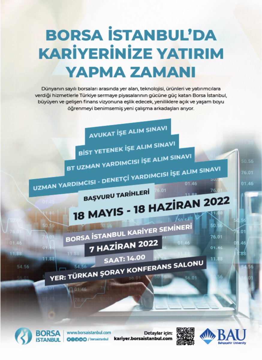 Borsa İstanbul 7 Haziran’da üniversitemiz öğrencileriyle buluşmaya gelilyor! 🥁

Borsa İstanbul’un işe alım sürecini öğrenmek isteyen tüm öğrencilerimizi 7 Haziran Salı saat 14:00’da Türkan Şoray Konferans Salonu’na bekliyoruz. ✌🏻
 
Detaylı bilgi öğrenci maillerinizde 📩