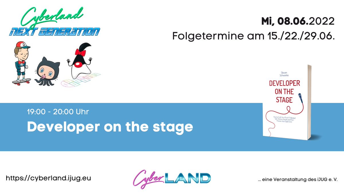 Nächste Woche Mittwoch (08.06.) startet unser #NextGeneration #DeveloperOnTheStage Online Kurs. Wir freuen uns auf alle Interessierten, die in Zukunft auf einer Konferenz einen Vortrag halten wollen, z. B. als <a href="/JavaLandConf/">JavaLandConf</a> #Newcomer cyberland.ijug.eu/2022-06-next-g…
