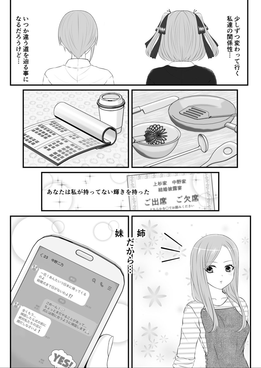 一花&二乃の姉妹愛のお話(2/2)
五つ子ちゃんアンソロに寄稿したマンガです
#五等分の花嫁 #中野一花 #中野二乃 