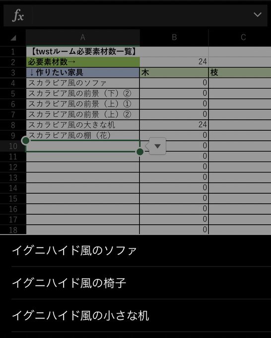 twstルームの必要素材数を毎回紙で計算するのが面倒だったので計算シート作りました🤖 