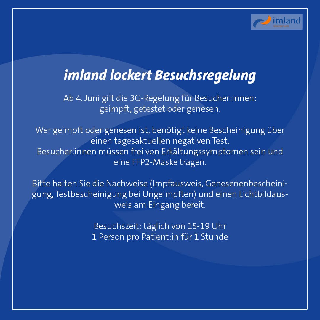 Wir sind froh, unsere Besuchsregelung lockern zu können. Alle Details hier ⤵️ oder unter imland.de! Frohe Pfingsttage! 
#rendsburg #eckernförde #imlandklinik