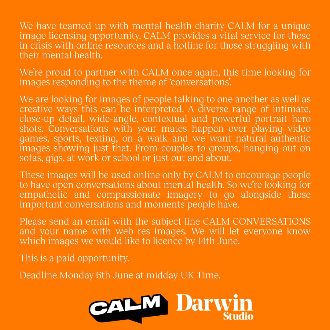 DarwinStudio's tweet photo. We've teamed up with CALM for a image licensing opportunity. Were looking for images on the theme of conversations. Have a read and drop us an email. https://t.co/LmQTNhstMM