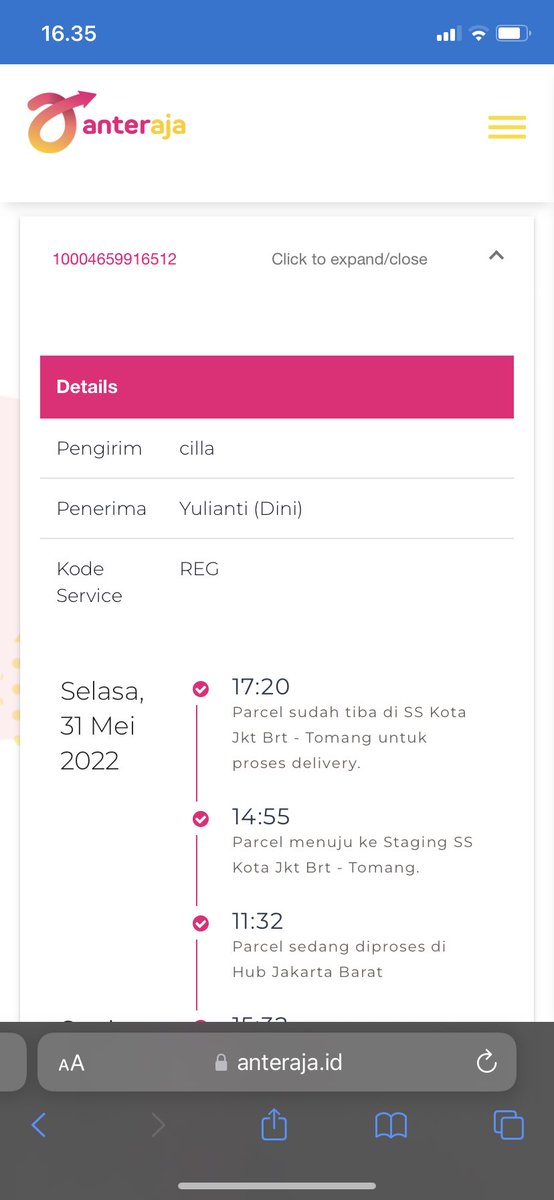 cilladauhan's tweet photo. @anteraja_id halo anteraja yg baik hati dan MUDAH banget dihubungi, setelah telf cs berkai2 gabisa! Boleh tolong kejelasan paket saya dgn no resi 10004659916512? Udah dipick up 24 MEI, sampai skrg 3 Juni belum sampai :) https://t.co/sZzDJiAymg