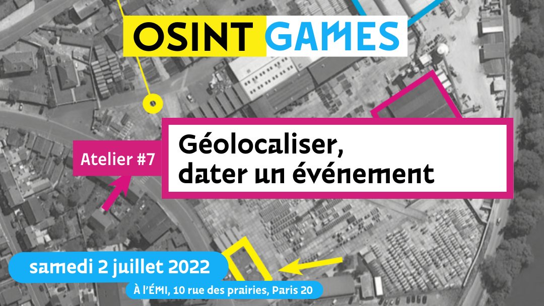 emi_formations's tweet photo. @N0thing2Hide @linhlandao @EydouxT @Geo_Gavalda @openfacto @manhack @MansourJuliette @fo0_ @Barbayellow @nothing2hide @InVID_EU #OSINTGames ⚡️ Atelier 7/9 “Géolocaliser et dater un événement” 
▶︎ #Geolocation #Chronolocation à partir de photo et vidéo 
▶︎ Prise en main d’outils libres et cartes satellites 
#SunCalc #OSINT #Formation 
🎟  https://t.co/oymU73uJ6x https://t.co/mAjjrcIBjD