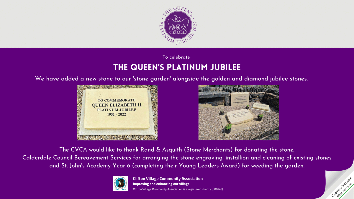 CliftonVCA's tweet photo. We recently added a stone to commemorate The Queen's Platinum Jubilee.
CVCA thanks @SJohnsAcademy Year 6 for weeding the garden, @randandasquith  for donating the stone and @Calderdale Bereavement Services for stone engraving, installation and cleaning the existing stones. https://t.co/eCeCcnA31J