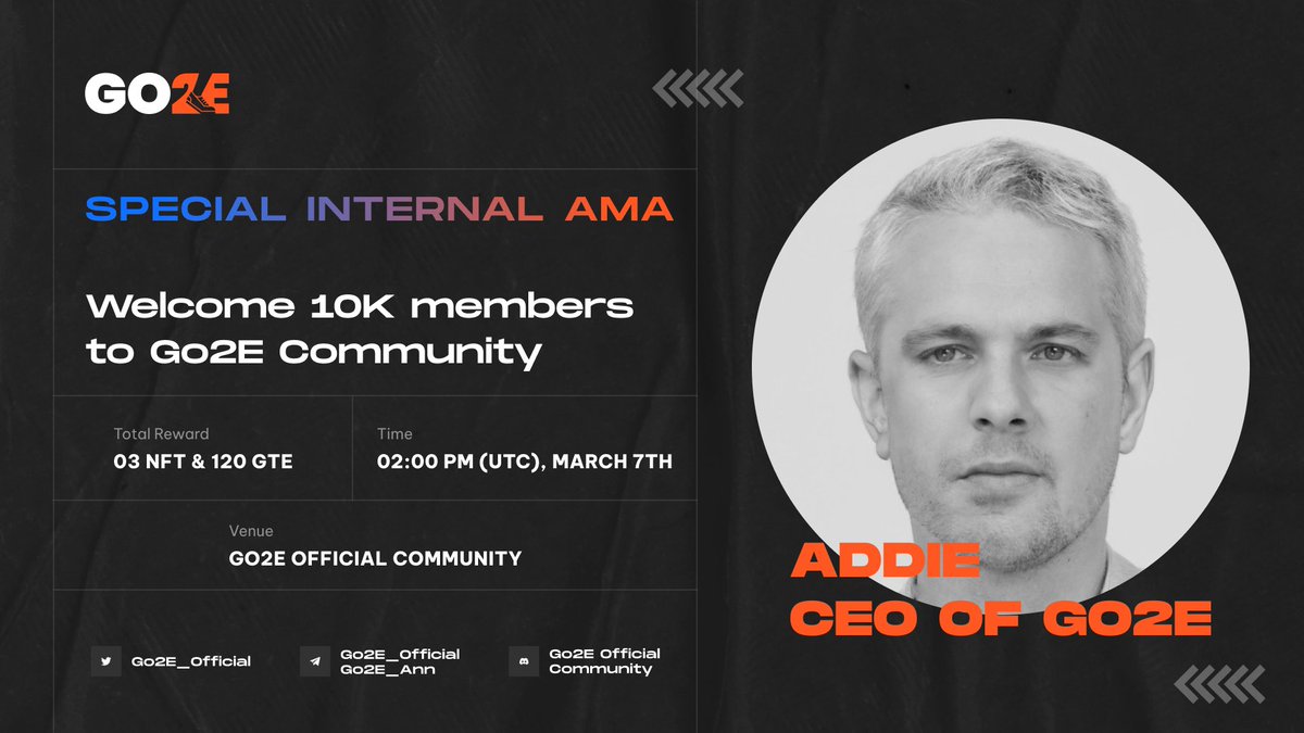 Go2E_Official's tweet photo. Join Internal #AMA with #GO2E 

⏰Time: Saturday, June 4 at 14:00 (UTC)
👉Venue: https://t.co/9rVRielGmr
🏆Reward Pool: 3 #NFT Sneakers + 120 GTE 

✅Follow @Go2E_Official 
✅Like, Retweet &amp; Tag 3 friends
✅Send your best questions here 

More rewards to grabs at live #AMA! https://t.co/4p6GUa5Nx9