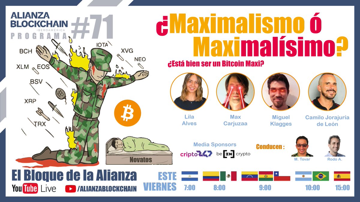 Alianza Blockchain (@alianzablock) on Twitter photo 📢 En unas horas arrancamos con el un nuevo programa del 🎙Bloque de la Alianza Blockchain
👉 sobre: ¿Maximalismo ó MaxiMalísimo? 🚀🚀
con la participación de🗣:
<a href="/LilaAlvesDC/">Lila Alves</a>
<a href="/JorajuriadeLeon/">𝘾𝙖𝙢𝙞𝙡𝙤 𝙅𝙙𝙇</a>
<a href="/maxcarjuzaa/">Maximiliano Carjuzaa</a>
<a href="/ACHICRIP/">ONG ₿itcoin Chile ⚡</a>
<a href="/RodolfoBits/">Rodolfo Andragnes</a>
<a href="/maurotov/">Mauricio Tovar 🌴🍹</a>
🔴 en vivo en: youtu.be/-GNVehYbTIc 📢 En unas horas arrancamos con el un nuevo programa del 🎙Bloque de la Alianza Blockchain
👉 sobre: ¿Maximalismo ó MaxiMalísimo? 🚀🚀
con la participación de🗣:
<a href="/LilaAlvesDC/">Lila Alves</a>
<a href="/JorajuriadeLeon/">𝘾𝙖𝙢𝙞𝙡𝙤 𝙅𝙙𝙇</a>
<a href="/maxcarjuzaa/">Maximiliano Carjuzaa</a>
<a href="/ACHICRIP/">ONG ₿itcoin Chile ⚡</a>
<a href="/RodolfoBits/">Rodolfo Andragnes</a>
<a href="/maurotov/">Mauricio Tovar 🌴🍹</a>
🔴 en vivo en: youtu.be/-GNVehYbTIc