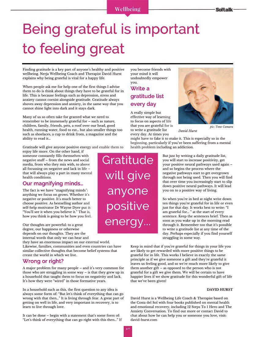 “Why being grateful is so important to feeling great.” 🙏🌅 Really hope some of you will find this useful, my new article for Soltalk magazine. david-hurst.com/why-being-grat… #gratitude #recovery #mentalhealth #wellbeing #therapy #counselling #coaching