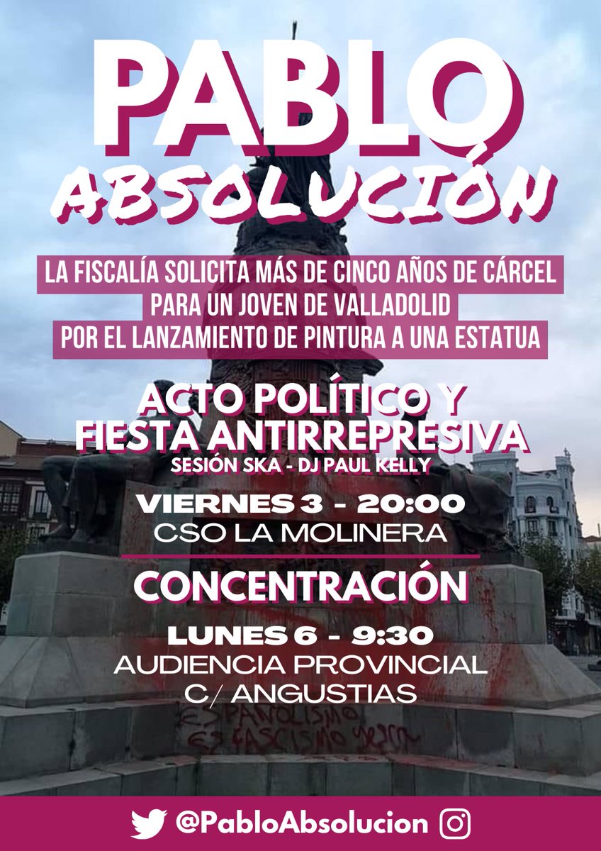 ¿5 años y 3 meses por una acción simbólica de protesta contra el hecho colonial? 

Esta tarde, en apoyo a <a href="/PabloAbsolucion/">Pablo Absolucion</a>, acto y fiesta antirrepresiva. ⬇️