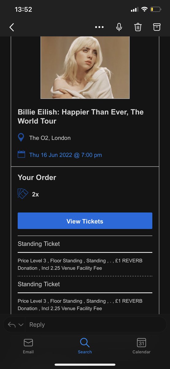 mychalmoore1's tweet photo. Looking to swap 2 standing tickets for Billie Eilish at the O2 on 16th June for another date (Doesn’t have to be standing). @BillieTickets #billieeilishtickets #billieeilishO2 #billieeilishuktour https://t.co/53LREfYsj8
