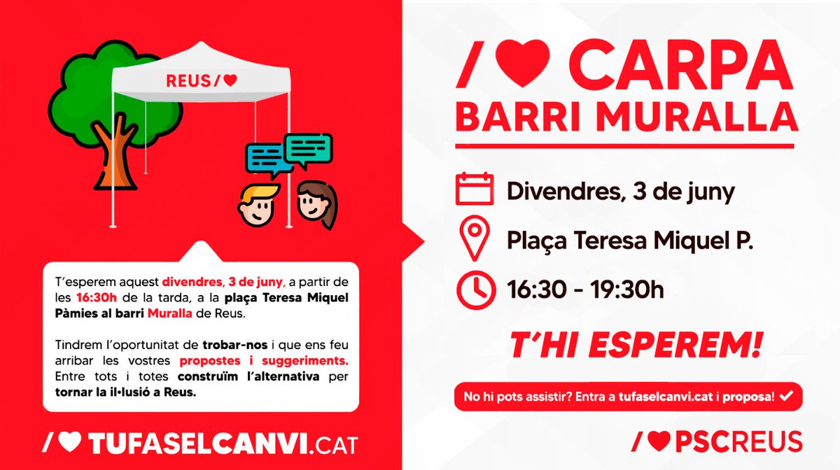pscreus's tweet photo. ✅ Aquest cap de setmana seguim construint l’alternativa per tornar la il·lusió a #Reus:

📍 #MURALLA | Plaça Teresa M. Pàmies
⏰ Divendres, 16:30h

📍 #MAREMOLAS | Passeig Prim
⏰ Dissabte, 10:00h

📍 #JUROCA | Av. Mediterrani
⏰ Diumenge, 11:30h

Us hi esperem! 🌹
#TuFasElCanvi https://t.co/TTqFy71Jqr