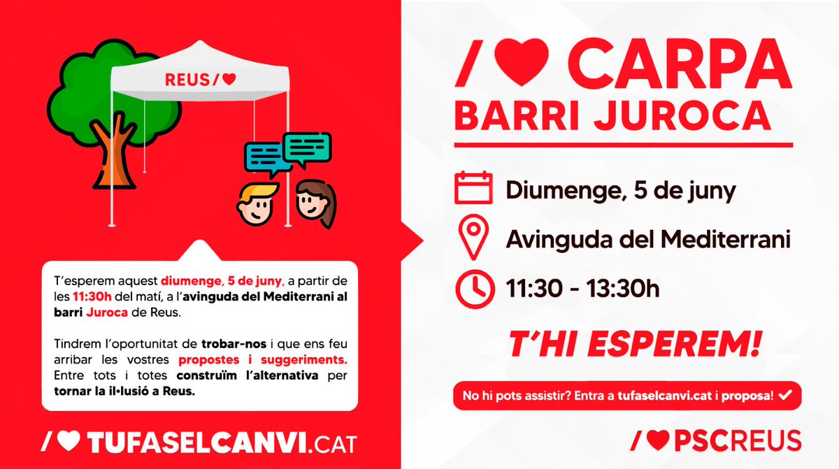 pscreus's tweet photo. ✅ Aquest cap de setmana seguim construint l’alternativa per tornar la il·lusió a #Reus:

📍 #MURALLA | Plaça Teresa M. Pàmies
⏰ Divendres, 16:30h

📍 #MAREMOLAS | Passeig Prim
⏰ Dissabte, 10:00h

📍 #JUROCA | Av. Mediterrani
⏰ Diumenge, 11:30h

Us hi esperem! 🌹
#TuFasElCanvi https://t.co/TTqFy71Jqr