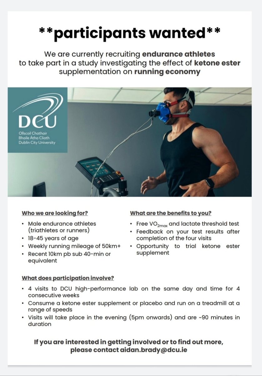 *Participants Wanted* Are you an endurance athlete? 🏃‍♂️ Interested in doing some lab-based testing and trialling ketone supplements? ⬇️ To get involved or for more info just drop me an email or DM 📥 All RT's greatly appreciated!