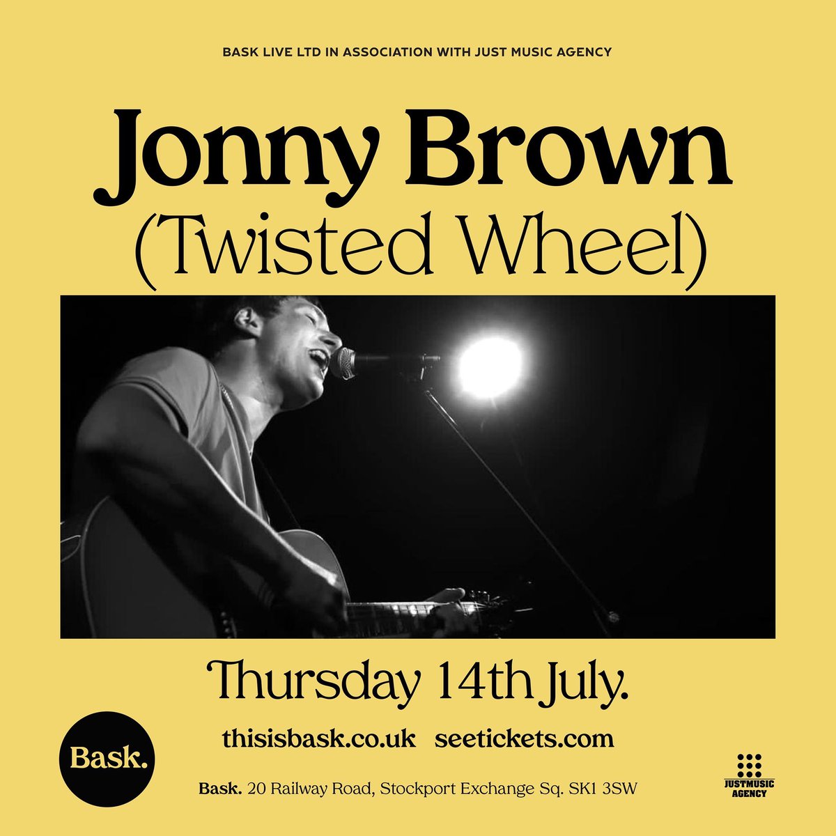 Come On Stockport let’s get this show Sold Out. @twisted_wheel front man @jonnybrownltd headlines @thisisbask which is located right outside Stockport Train Station so great transport links. Top Night in the making. Tickets on sale now seetickets.com/event/jonny-br…