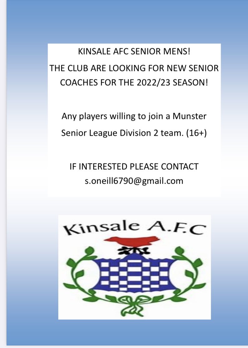 KINSALE AFC SENIOR MENS TEAM! The club are looking for new manager/coaches and helpers. team is also actively seeking new players so get in touch if interested. PM the Page or contact via email below! @MunsterSenLgue @MunsterFA @CRobCoaching @CoerverCoaching @echolivecork